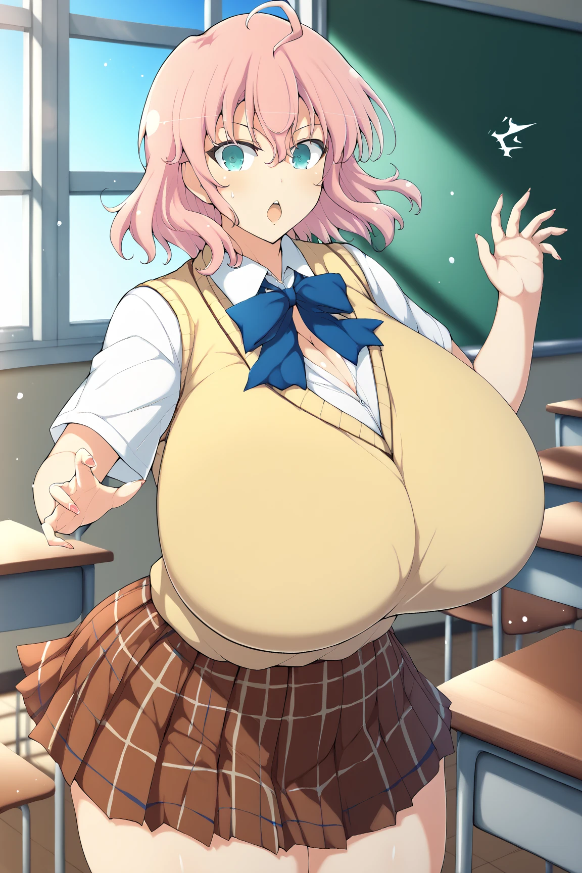  1girl, (school uniform), wavy hair, medium length pink hair, pink irises, small waist, narrow shoulders, , young, cute, beautiful, ((gigantic breasts)), breasts wider than shoulder width, ((((skindentation)))), stockings, mini skirt, (blouse button gap), clothes strain, blushing, thin, bedroom, skinny, perky breasts, (breasts deforming blouse), young, bedroom, stylized manga, full body, grabbing one breast, lifting one breast