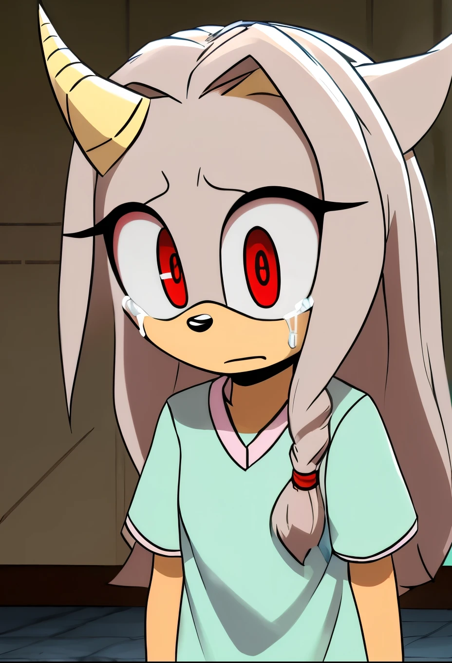 eri, long hair, (red eyes:1.5), white fur, long hair, horns, small horn, (single horn), female, Female hedgehog, mobian, Eri as a mobian hedgehog, short sleeves, hospital gown, bandaged arms, solo, basement, crying, innocent eyes
