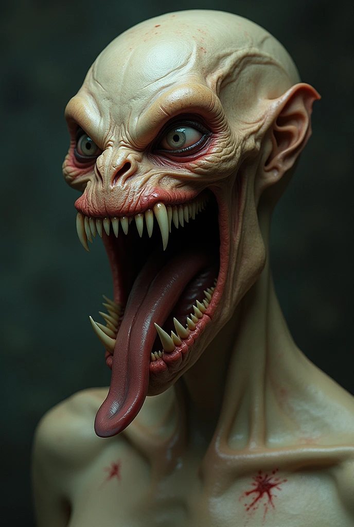 photorealistic sexy white girl, wearing a cute bald sweaty goblin teen girl mask with green skin, blush, and freckles, and fangs, and braces, and long pointy teeth, she's completely naked with perky breasts. she has very prominent sternocleidomastoids and collar bones. her mouth is agape. she looks scared and disturbed and disgusted. her cute goblin mask is green and covers her entire head and neck and looks just like Belle Delphine