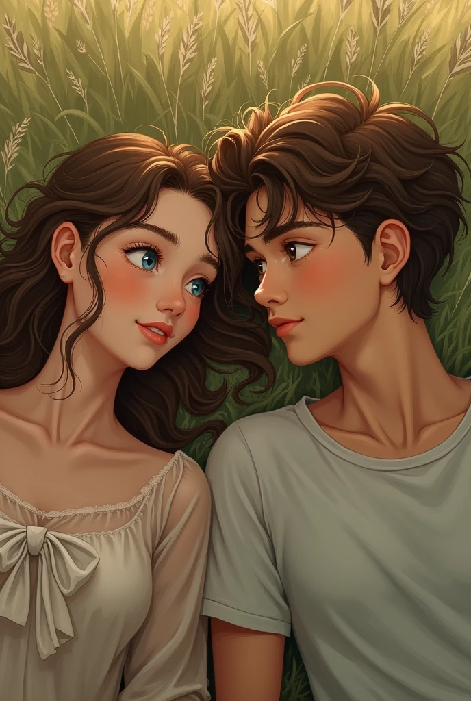 A boy wearing white shirt and black jeans sitting next to a beautiful woman, sitting on bed, wearing loose off-shoulder top, pajama pants, long curly hair, indoors, soft lighting, plants in background, window with sunlight, cozy room, relaxed pose, realistic, intricate details, warm colors, by Greg Rutkowski, by Alphonse Mucha
