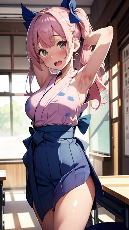 mastute piece,Best Quality,insanely detailed,8k cg,nsfw,shoot upper body,(body in front:1.1),1girl,standing,looking at viewer,(blue baton twirling uniform),open clothes,break,blush,shy,ecstasy face,gasping,(trembling:1.2)pink hair,open mouth,large breast,(indoor sports field),