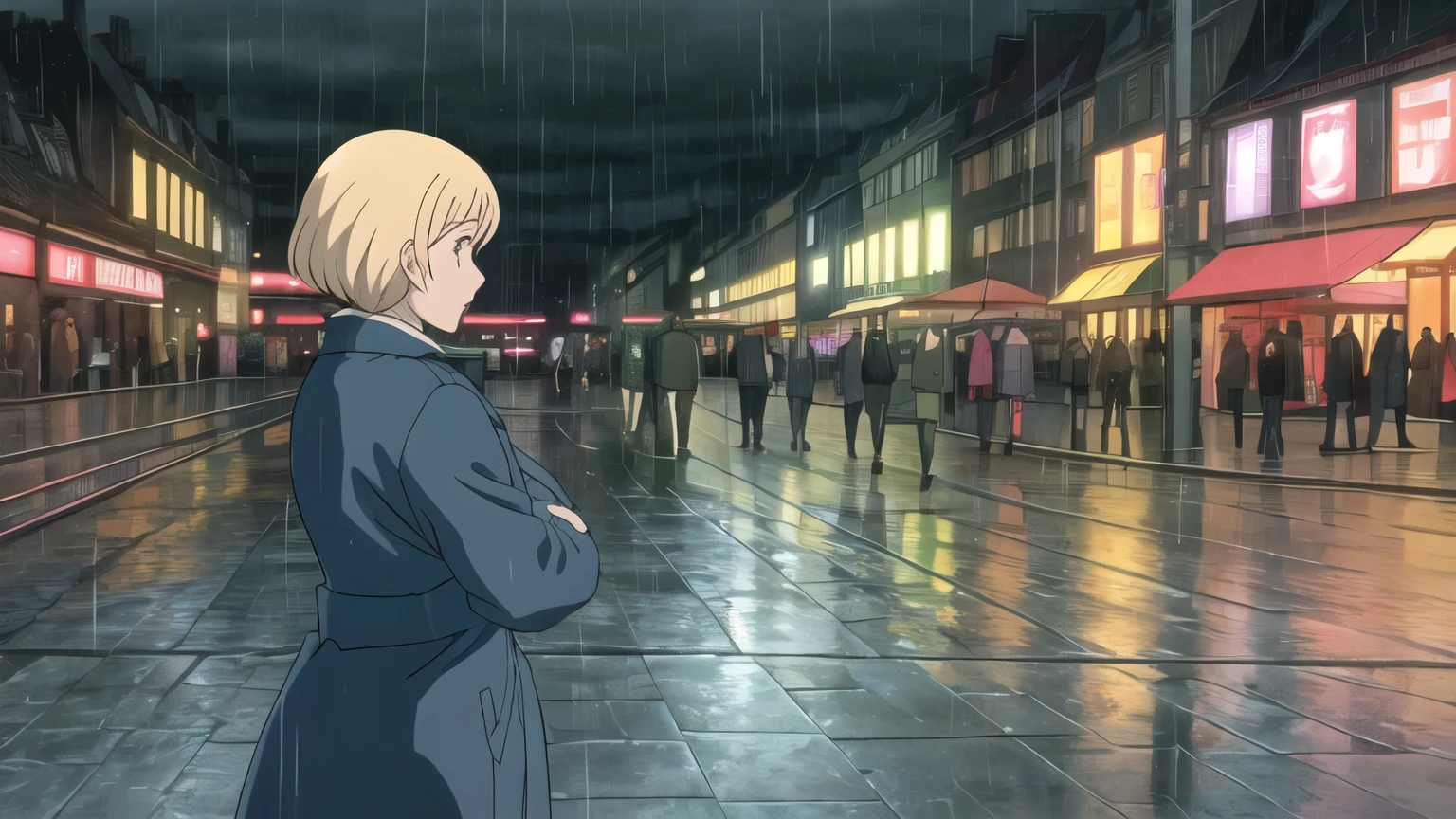 woman, city Pop mood, lo-fi, rainy days, wear coat, blond hair