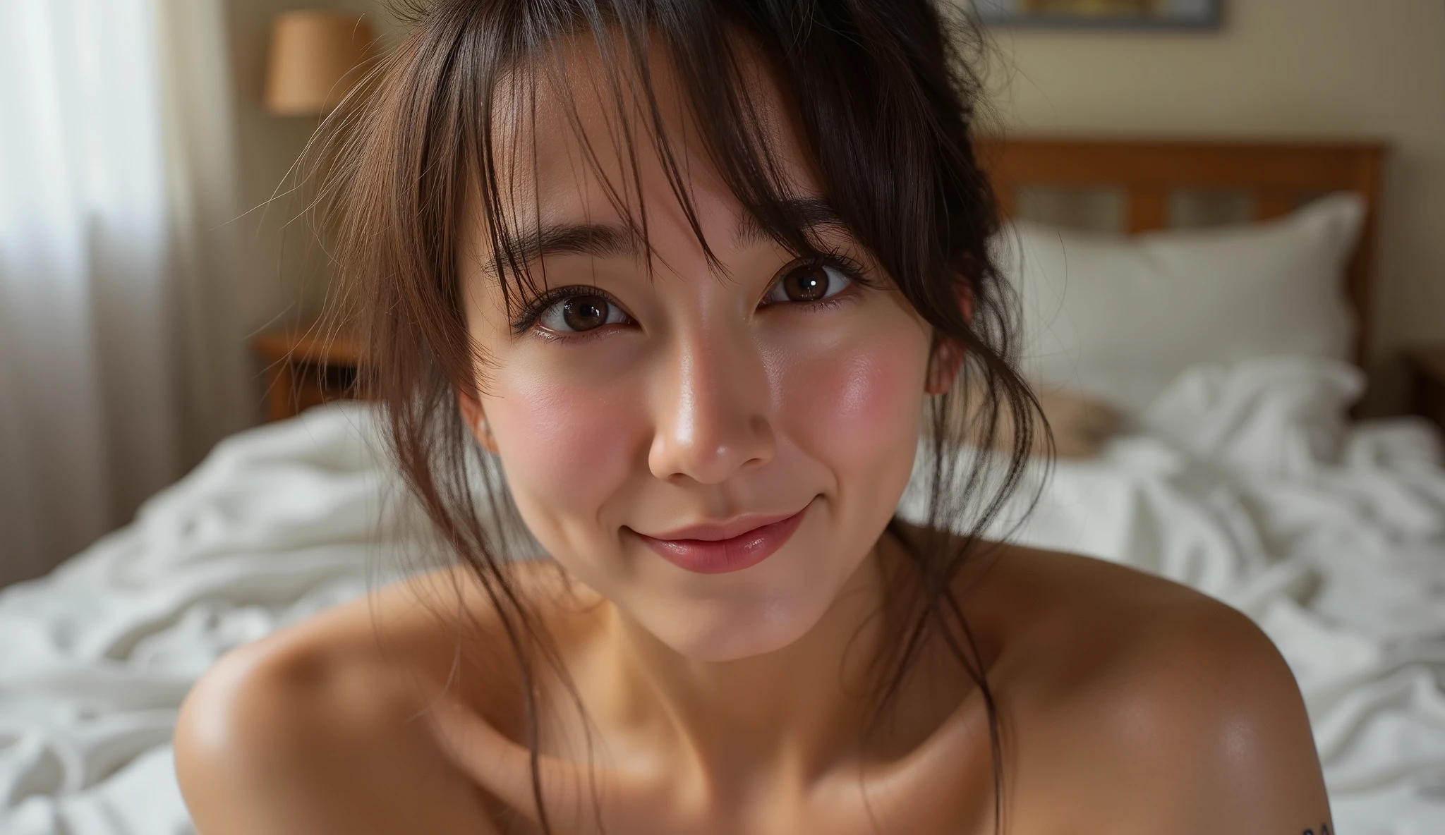 cute adorable naked girl, smiling, on the bed,  black hair, sweaty, hyper-realistic, detailed face, beautiful eyes, detailed lips, long eyelashes, gorgeous skin, amazing body, dynamic pose, natural lighting, golden hour, vibrant colors, masterpiece, high quality, 8k, ultra-detailed, photorealistic, pregnant