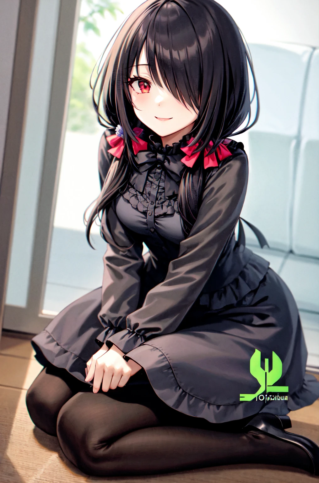 1girl, solo, kneeling, seiza, cckurumi, long hair, low twintails, hair flower, hair over one eye, hair bow, gothic, black dress, ribbon, pantyhose, slippers, sitting, smile, looking at viewer, leaning forward, indoors, living room, television, window, plant, rug,, weird atmosphere, (best quality:1.1), (masterpiece:1.2), high quality shadow, beautiful detailed, (high detailed skin, skin details), (wide_landscape, 8k), beautiful face, detailed eyes, depth of field, dramatic light, best quality, highres, best shadow, best illumination,