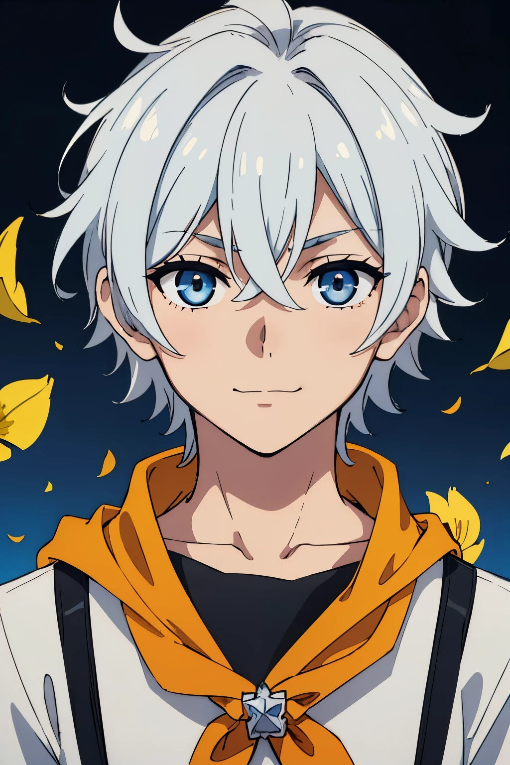 (high-quality, breathtaking),(expressive eyes, perfect face) 1boy, portrait, male, solo, teenager, white silver hair, golden highlights, symmetrical eyes, symmetrical ears, soft wavy hair, short hair length, cute smile, kind face, blue scarf, black t-shirt, white jacket, short sleeves, khroxas, orange trim, open jacket, sky blue background, plain blackground, petals, hair ornaments, flower ornaments, hair golden yellow flowers, narrow eyes, flower on shirt,
