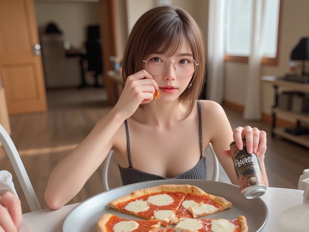 of、Slender, small-breasted beauty、 eating pizza with a can of beer in one hand in the room、sitting on floor、 camisole that feels around the crotch、Sweatpants、Glasses、Shot from under the table 、 angle to look up、masterpiece、8k、 Max Image、 highest resolution、 photorealistic 、