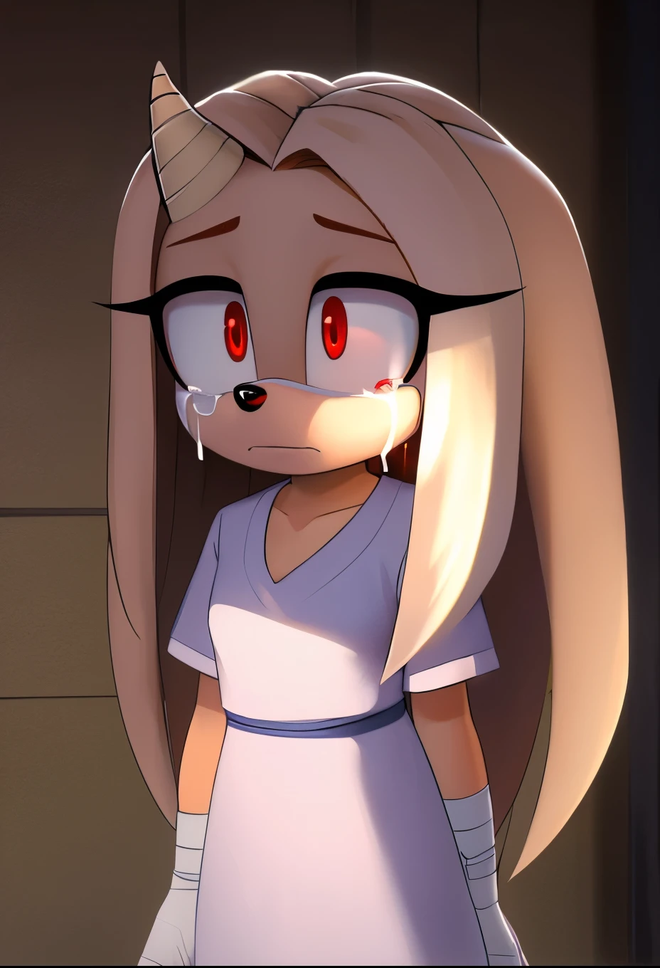 eri, long hair, (red eyes:1.5), white fur, long hair, small horn, (single horn), female, Female hedgehog, mobian, Eri as a mobian hedgehog, short sleeves, hospital gown, bandages, bandaged arms, solo, basement, crying, innocent eyes
