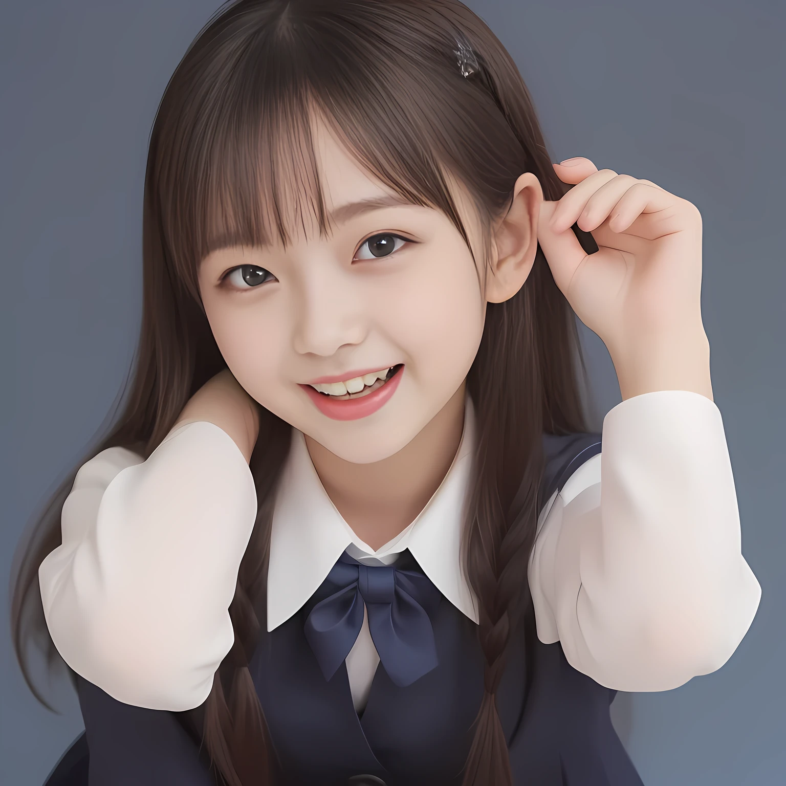 (Highest quality, masterpiece:1.2), Highest quality, High resolution, 1080P, 8k, (Two yo Japanese slender 清楚美少女アイドル are seated and give strong subliminal sexual invitation and temptation, undressing navy uniform, cute skirt with beautiful knees, looking at the viewer, can't stop showing cute smile open mouth because of feeling the viewer too ridiculous, very white-white face, very proud of her long straight black hair, using face-whitening cosmetics, 13yo 美少女's eyes, Small pupils, opened laughing giggling most open mouth, too expensive navy sailor-styled school uniform, well-straitened super-long well-trimmed long hair, evenly neatly trimmed girly cute bangs: 1.5), (Laughing blushed cheeks with dimples), (Well-balanced, impressive, very intelligent, double-eyelids, black shining large eyes of 13yo 美少女 with detailed: 1.5), ((Beautiful well-figured glossy opened laughing lips: 1.2)), (mature breast), (The viewer can't stop madly kissing them because of her beauty and subliminal strong invitation), (Very beautiful, super-glossy, cute neat black amazingly long hair, straight well-done long hair-style: 1.3), (plain blue background: 1.6), (((Completely balanced beautiful big cool eyes, looking coldly at me!: 1.3))), (eyes, face and hair are especially beautifully detailed and beautifully drawn: 1.5), (She makes the viewer drink her love: 1.2), (the viewer become crazy and can't stop bursting and running every liquid to 美少女, 美少女 is surprised : 1.7), (School uniform, too-cute slender 13歳 super-long-hair Japanese 美少女 idol twins are laughing at me and covering viewer, opening blouse front,  Remove the button, Take off your jacket: 2.0), (Super long hair super-beautiful 美少女 super-cute face navy-sailor-suit school-uniform pretty slender 美少女 of 美少女 photo magazine in the 1990s: 2.0), (Inevitable subliminal invitation and temptation to the eternal deep deep unreal pleasure of 美少女催眠)