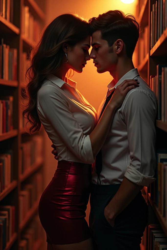 Draco Malfoy and Hermione Granger together in the Hogwarts library between kisses. The uniforms are open, being possible to wear underwear. Draco is running his hand all over Hermione&#39;s body