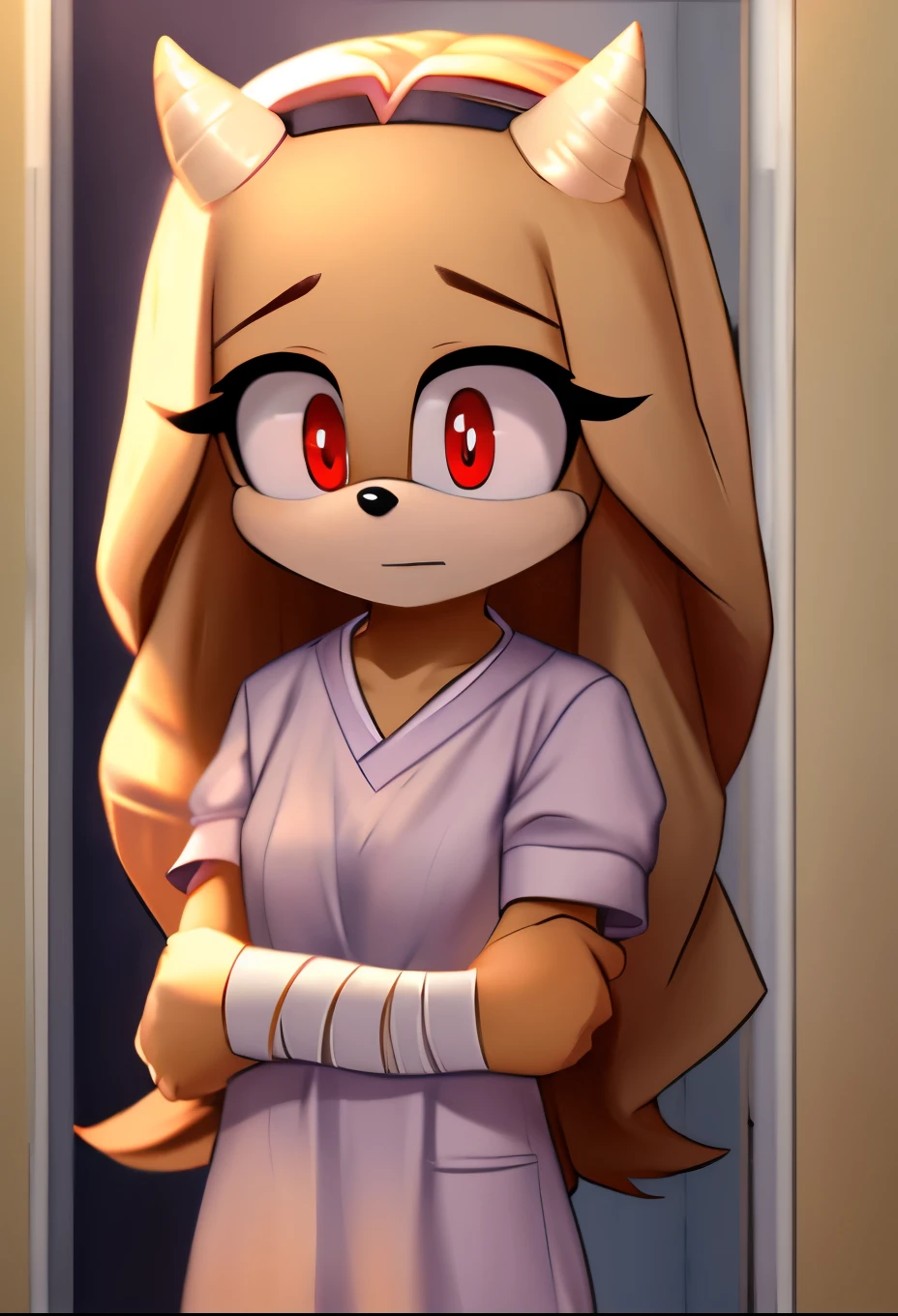 eri, long hair, (red eyes:1.5), white fur, long hair, small horn, (single horn), female, Female hedgehog, mobian, Eri as a mobian hedgehog, short sleeves, hospital gown, bandages, bandaged arms, solo, basement, innocent eyes
