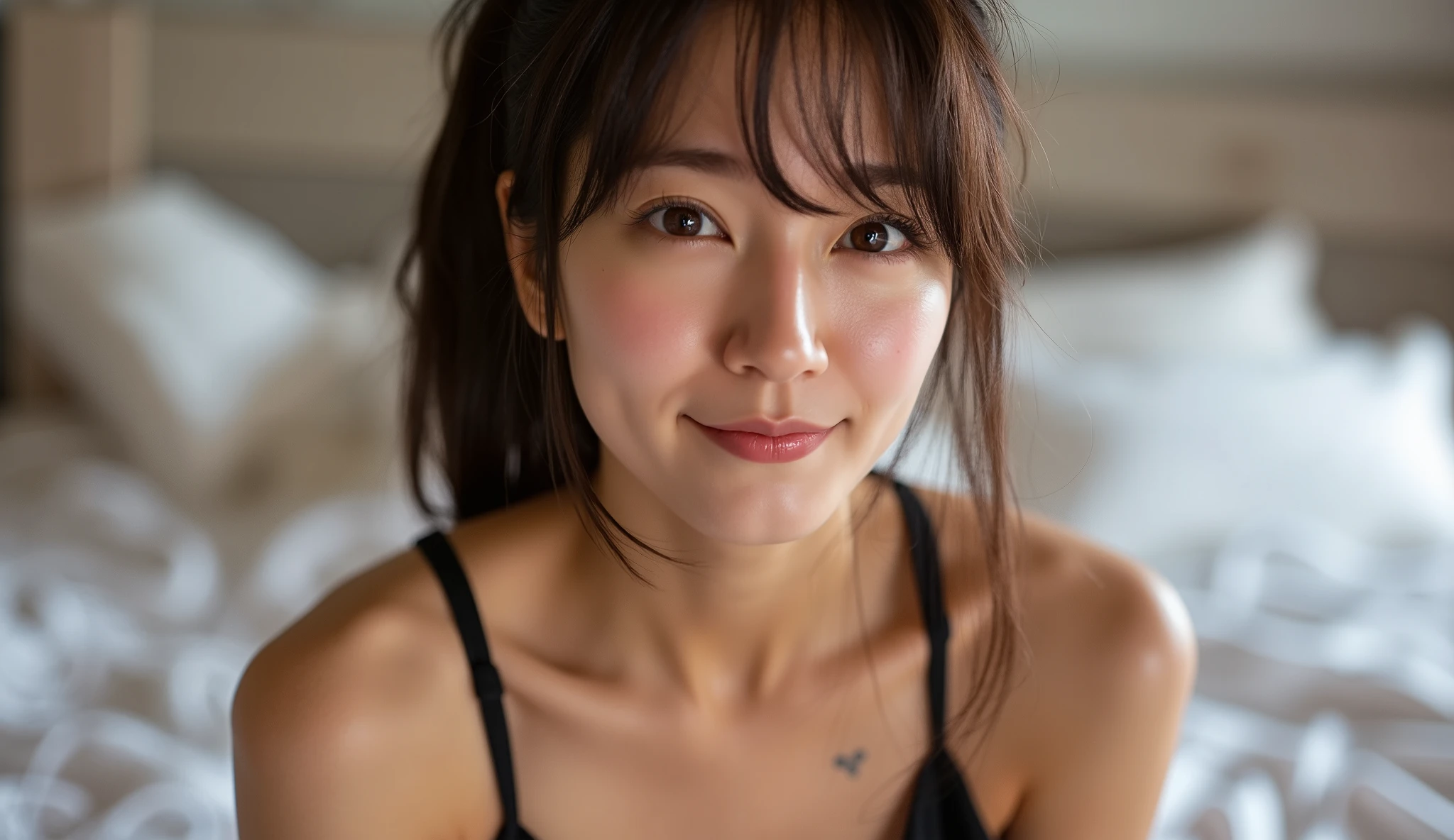Beautiful 35 year old woman。she is wearing a satin camisole。Lace on the chest and hem.。She looks ecstatic as if she had an orgasm during sex..。her dark brown hair、、her hair is long。High resolution、masterpiece、highest quality、Head w:1.0、((Hasselblad Photos))、fine skin、fine knit、(movie lighting)、clavicle . she has her eyes closed but is smiling.