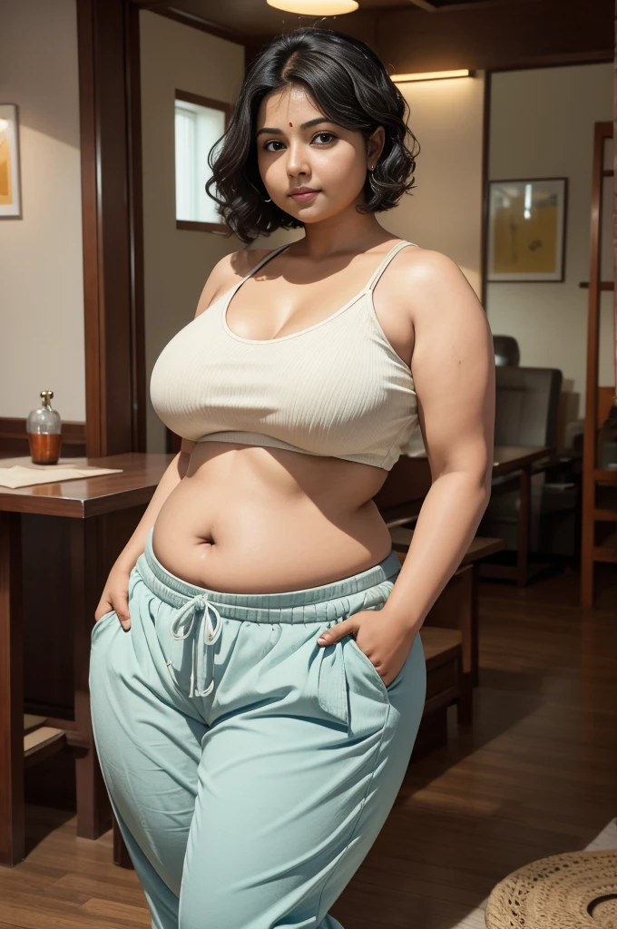 Indonesian woman, thick body, cold atmosphere , thick cheeks , full body , random pose, wavy short hair , thick hips, 40 years old , slightly fat arms , slightly fat belly , thick thighs pants