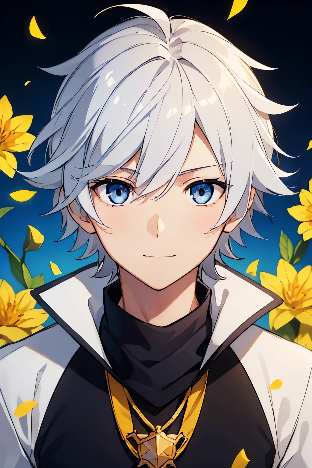 (high-quality, breathtaking),(expressive eyes, perfect face) 1boy, portrait, male, solo, teenager, white silver hair, golden highlights, symmetrical eyes, symmetrical ears, soft wavy hair, short hair length, cute smile, kind face, blue scarf, black t-shirt, white jacket, short sleeves, khroxas, orange trim, open jacket, sky blue background, plain blackground, petals, hair ornaments, flower ornaments, hair golden yellow flowers, narrow eyes, flower on shirt,
