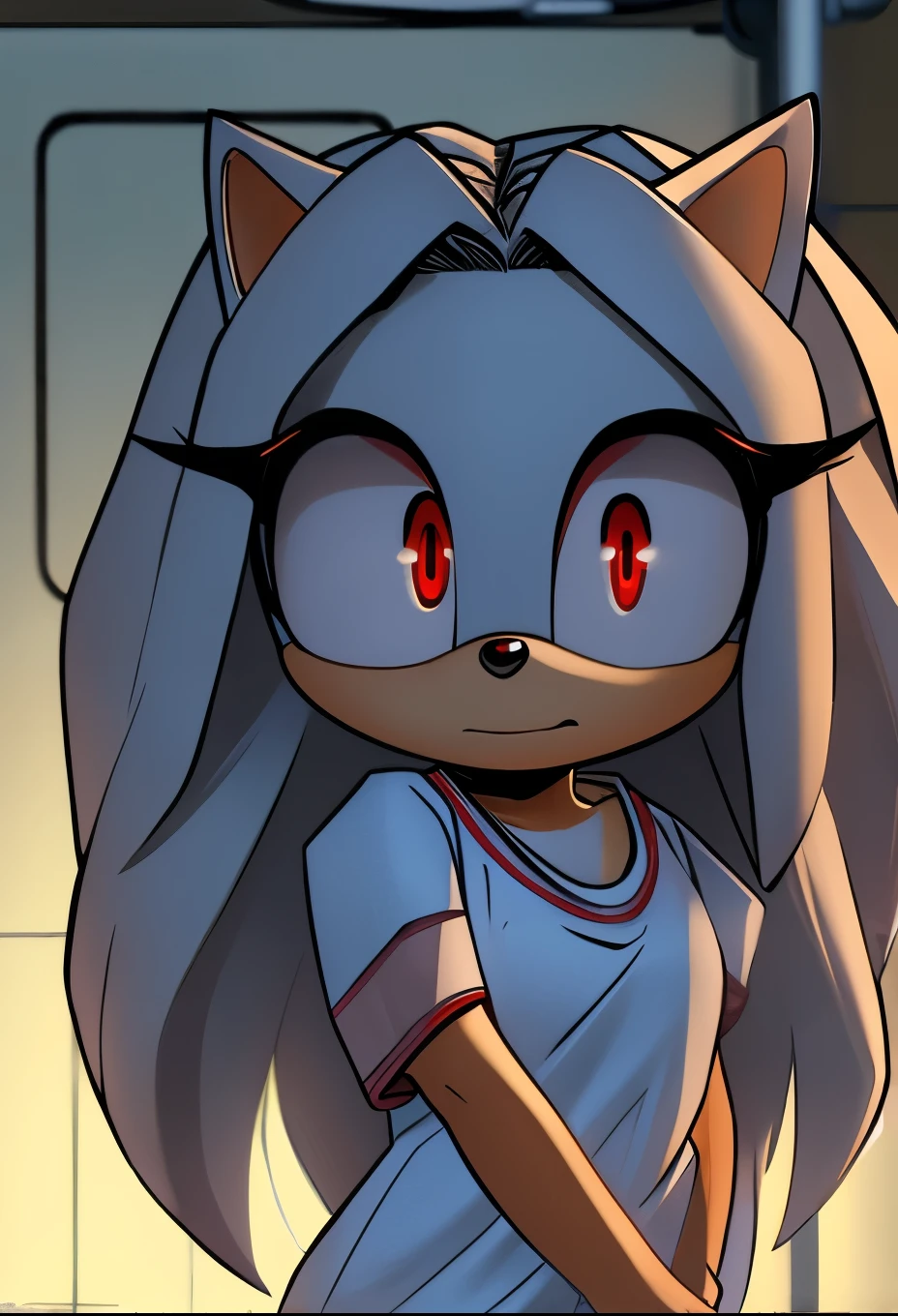 eri, long hair, (red eyes:1.5), (white fur), slight light bluish tint to fur, long hair, small horn, (single horn), female, Female hedgehog, mobian, Eri as a mobian hedgehog, short sleeves, hospital gown, bandages, bandaged arms, solo, basement, innocent eyes