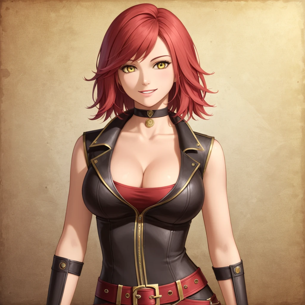 nsfw,(masterpiece),(best quality),(ultra-detailed),(best illustration),(best shadow),(absurdres),(detailed background),(very aesthetic), sara valestein, sen12, 1girl, breasts, solo, cleavage, large breasts, smile, choker, belt, yellow eyes, red hair, smile, looking at viewer, portrait