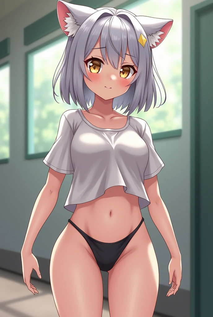 1girl, solo, facing viewer, looking at viewer, smile, SHORT HAIR, tshirt,((completely naked, wearing t shirt)), full body