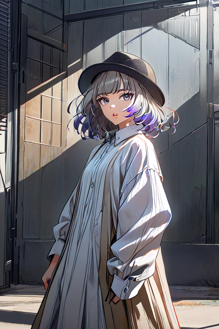 1girl, solo, hat, hands_in_pockets, multicolored_hair, shadow, parted_lips, bangs, standing, white_shirt, looking_at_viewer, shirt, black_headwear