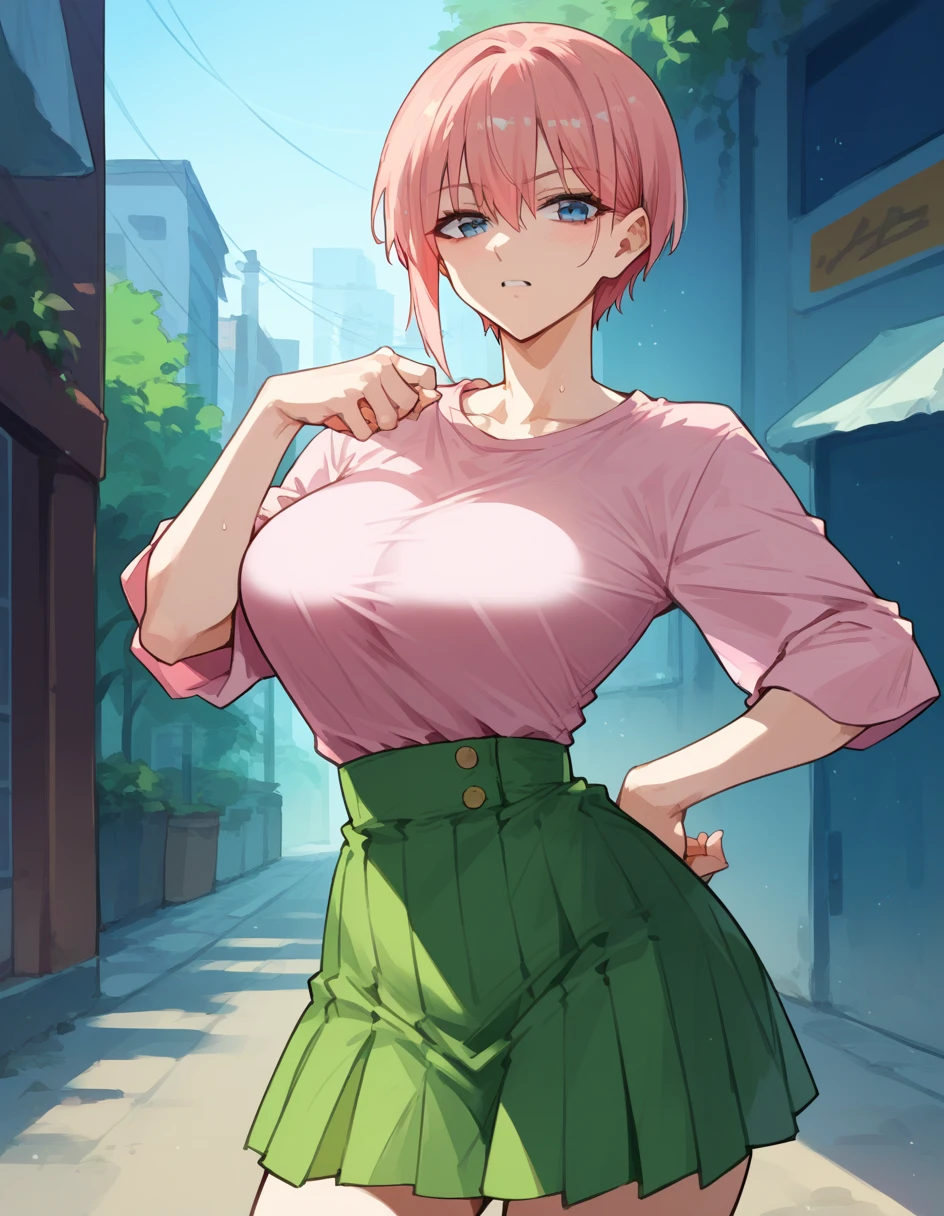 Nakano Ichika,  Pink Hair,  short hair, Waist,  colored shirt ,   Green Skirt  　Big Breasts　  girl１people々　