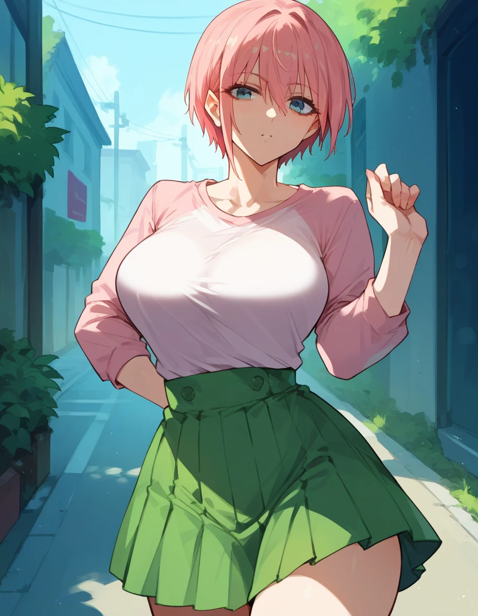 Nakano Ichika,  Pink Hair,  short hair, Waist,  colored shirt ,   Green Skirt  　Big Breasts　  girl１people々　