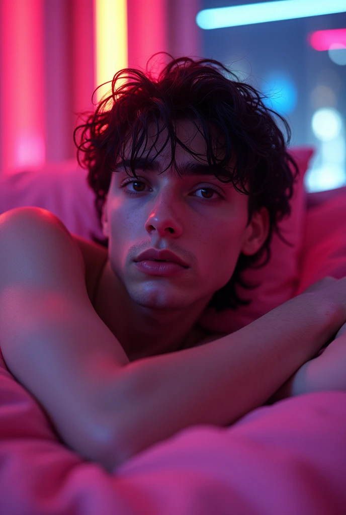 (photorealism:1.2), handsome man, tan skin, violete curly mid-long hair, violete eyebrown, green ayes, naked, sitted in a bed, warm colors, realistic, relax pose, sunlight throw a window.