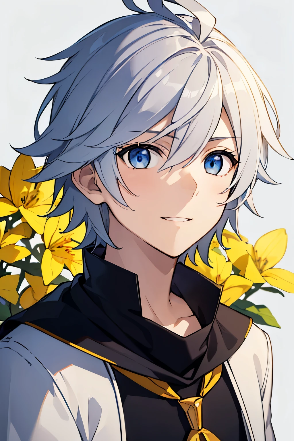 (high-quality, breathtaking),(expressive eyes, perfect face) 1boy, portrait, male, solo, teenager, white silver hair, golden highlights, symmetrical eyes, symmetrical ears, soft wavy hair, short hair length, cute smile, kind face, blue scarf, black t-shirt, white jacket, short sleeves, khroxas, orange trim, open jacket, sky blue background, plain blackground, petals, hair ornaments, flower ornaments, hair golden yellow flowers, narrow eyes, flower on shirt,
