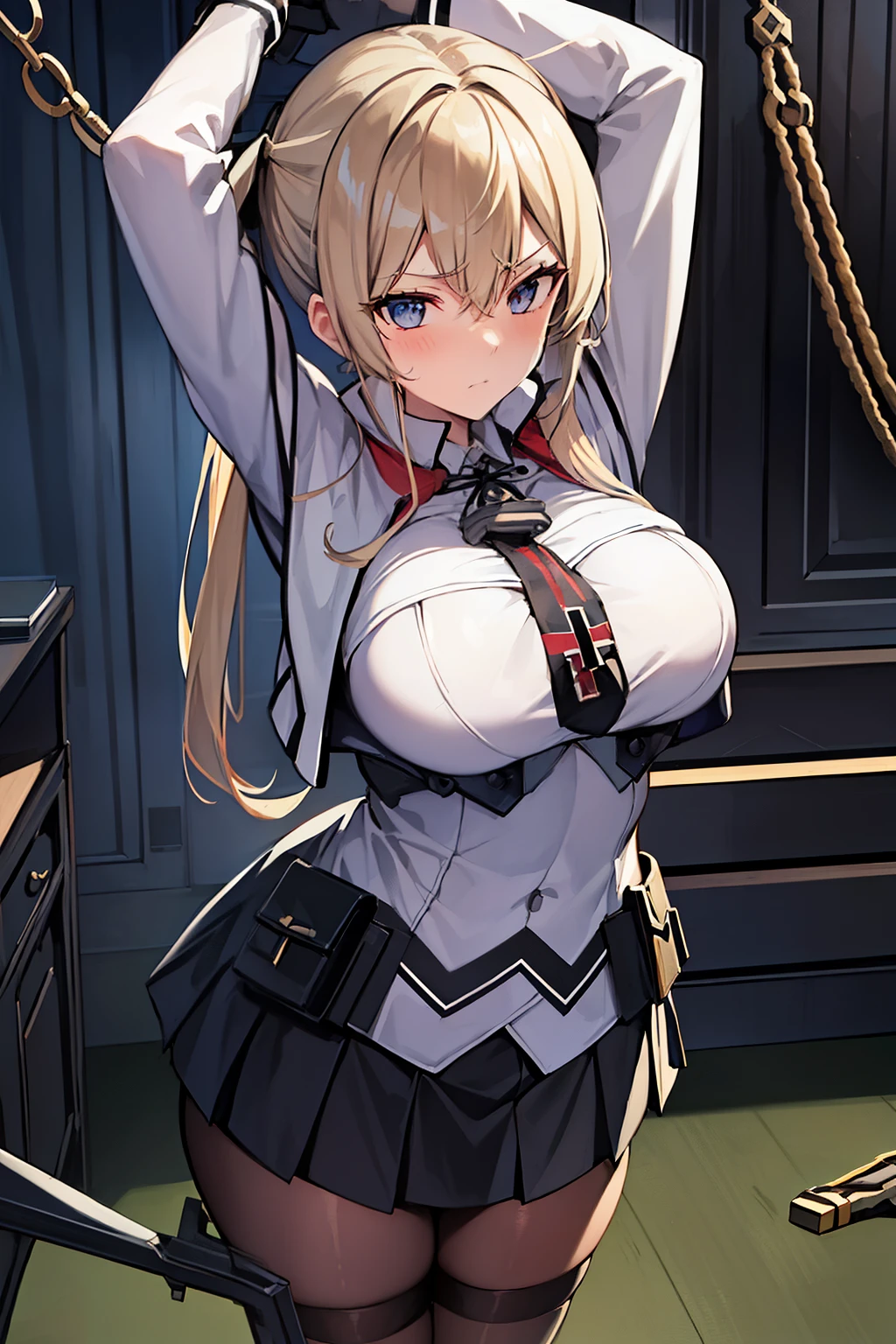  best quality,   Masterpiece ,  high definition , Alone, {graph_Zeppelin_ kantaicolection :1.15},  blonde alone_hair,  twin tails, length_hair, sidelocks, hair_between_eye, chest, green_eye, (((((big_chest))))), hin, peak_ cap,  ties, sweat, military, black skirt,  short skirt , black tights, cross, ,  1 girl,  watching _in_ viewer, military_uniform, uniform, iron_cross, black_Gloves, Gloves,  upper with t_body, ((((鎖inつながれた_Excellent)))), ((鎖in吊るされた腕)), Arms above head, big breast, indoor, bedroom, [cabinet, Hanging,  standing, shy, scowl, teeth, swein,