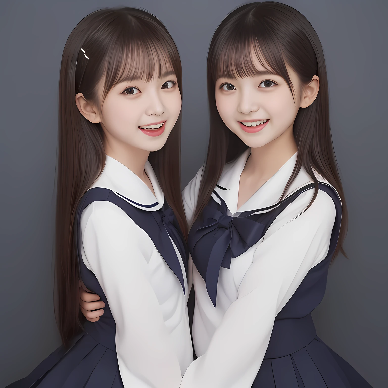 (Highest quality, masterpiece:1.2), Highest quality, High resolution, 1080P, 8k, (Two 13yo Japanese slender 清楚美少女アイドル are seated and give strong subliminal sexual invitation and temptation, undressing navy uniform, cute skirt with beautiful knees, looking at the viewer, can't stop showing cute smile open mouth because of feeling the viewer too ridiculous, very white-white face, very proud of her long straight black hair, using face-whitening cosmetics, 13yo 美少女's eyes, Small pupils, laughing giggling most open mouth, too expensive navy sailor-styled school uniform, well-straitened super-long well-trimmed long hair, evenly neatly trimmed girly cute bangs: 1.5), (Laughing blushed cheeks with dimples), (Well-balanced, impressive, very intelligent, double-eyelids, black shining large eyes of 13yo 美少女 with detailed: 1.5), ((Beautiful well-figured glossy opened laughing lips: 1.2)), (mature breast), (The viewer can't stop madly kissing them because of her beauty and subliminal strong invitation), (Very beautiful, super-glossy, cute neat black amazingly long hair, straight well-done long hair-style: 1.3), (plain blue background: 1.6), (((Completely balanced beautiful big cool eyes, looking coldly at me!: 1.3))), (eyes, face and hair are especially beautifully detailed and beautifully drawn: 1.5), (She makes the viewer drink her love: 1.2), (the viewer become crazy and can't stop bursting and running every liquid to 美少女, 美少女 is surprised : 1.7), (School uniform, too-cute slender 13歳 super-long-hair Japanese 美少女 idol twins are laughing at me and covering viewer, Unties the breast button and make me drink it: 2.0), (Super long hair super-beautiful 美少女 super-cute face navy-sailor-suit school-uniform pretty slender 美少女 of 美少女 photo magazine in the 1990s: 2.0), (Inevitable subliminal invitation and temptation to the eternal deep deep unreal pleasure of 美少女催眠)