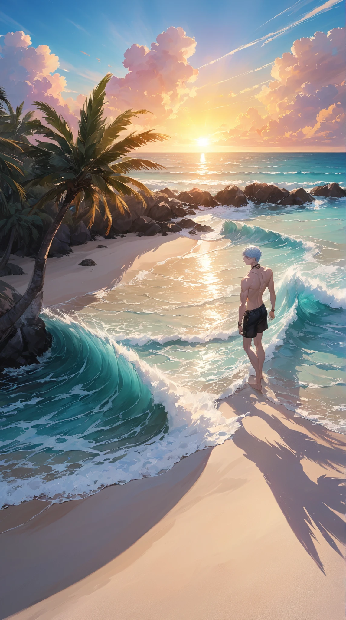  Ultra HD,1080P,4K, high resolution, male, unique ,  Handsome, Short hair,  light blue hair ,  white skin, textured fur ,  five fingers, Thin muscle,  naked body，(( shorts))，aldult,  anime style, Realism,  Light and Dark Contrast, maritime, barefoot, Neck Ring,beach, ( Palm Trees, sand,waves),Spread your legs,Tail, cloud,  sunshine, Palm Trees, Sunset