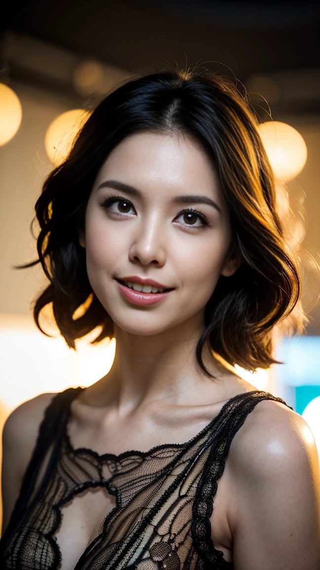 1girl, upper body, Realistic photograph best quality portrait of a beautiful gorgeous young cute Asian woman, 24yo., looking at viewer, detailed face, Realistic texture human skin, bright glowing face, curved eyebrows, droopy hooded eyes, low nasal bridge, wavy nose, wind tousled bob hair, (((young Marion Cotillard  blended face mixed with young Anne Hathaway))), wearing fossil grey camisole, hand up to swing up hair, flirting smiling portrayal, ethereal girl, intimate lighting sturdy, real photo, brown eyes, best quality, masterpiece, celebrating , a spectacular colorful firework show, the lights are shaped in a flower, in the dark night sky, festive, Leica SL3, Summicron-SL 75mm ASPH, F/1.8, (cinematic still:1.2), Film Never Die Kiro 400 film, bokeh, rim lighting, silhouette, shallowed depth of field, 