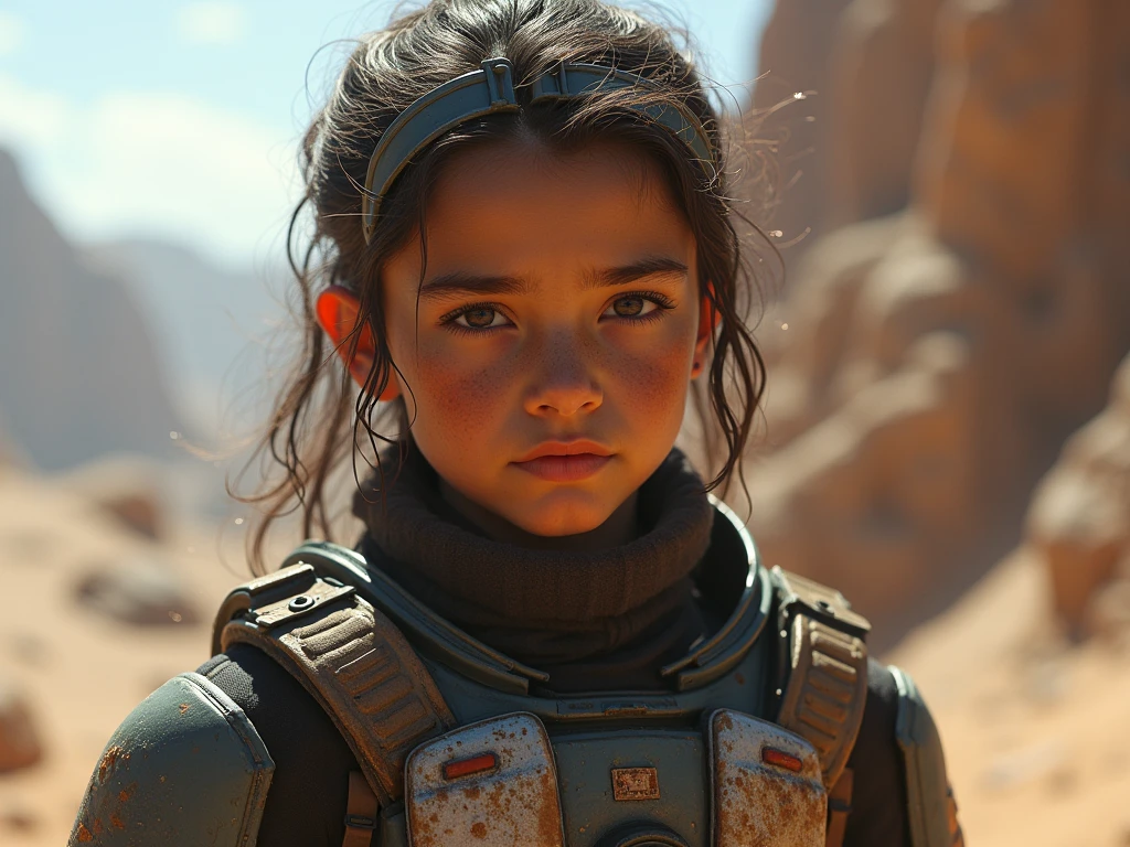 PLEASE fix the image, delete it, A beautiful Indonesian woman with long brown hair who survived in the desert riding a Mad Max type motorbike. Apocalyptic setting. Realistic skin, soft oval face. Soft round chin. Soft round cheeks. Curved lips. Long and wide nose. blackish brown eyes. very detailed eyes. His eyebrows are very thick. Athletic legs, ideal body. Friendly. Wearing used clothes of a scavenger, Background: An apocalyptic wasteland. Dusty and sad