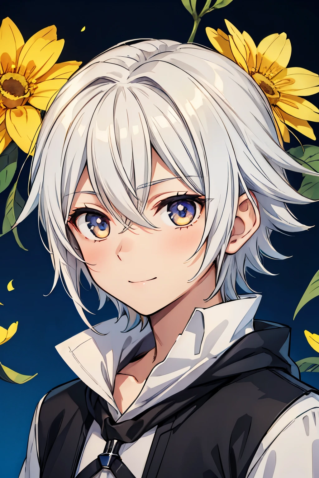 (high-quality, breathtaking),(expressive eyes, perfect face) 1boy, portrait, male, solo, teenager, white silver hair, golden highlights, symmetrical eyes, symmetrical ears, soft wavy hair, short hair length, cute smile, kind face, blue scarf, black t-shirt, white jacket, short sleeves, khroxas, orange trim, open jacket, sky blue background, plain blackground, petals, hair ornaments, flower ornaments, hair golden yellow flowers, narrow eyes, flower on shirt,
