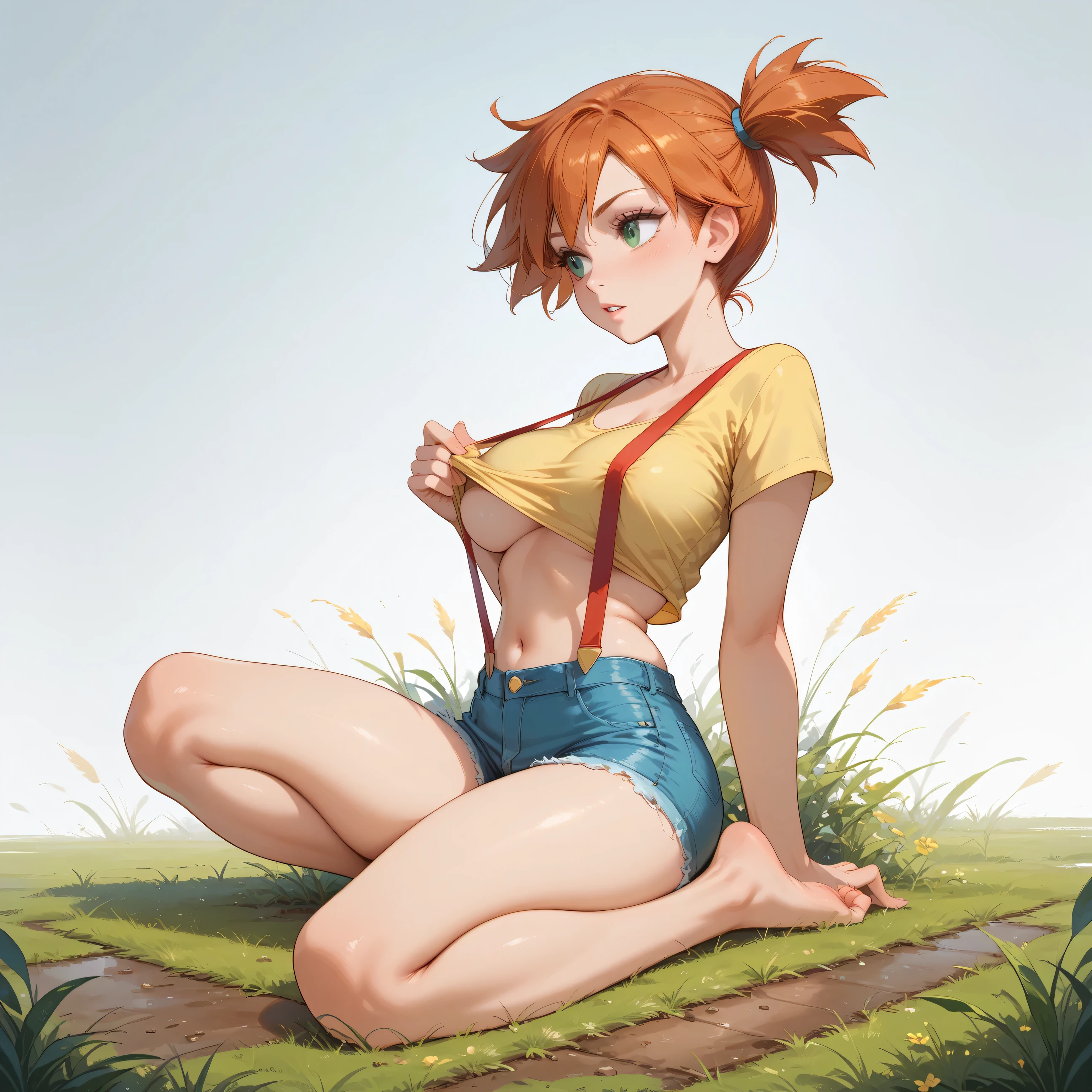 score_9, score_8_up, score_7_up, 1girl, (full body:1.2), (solo), 

misty_(pokemon), pokemon, 1girl, orange_hair, green_eyes, big breasts, looking at her breasts

yellow_crop_top, red_suspenders, denim_shorts, barefoot

sitting in a dominant pose, shirt pull, sexy dominant pose, looking away, grass, dirt floor

simple background