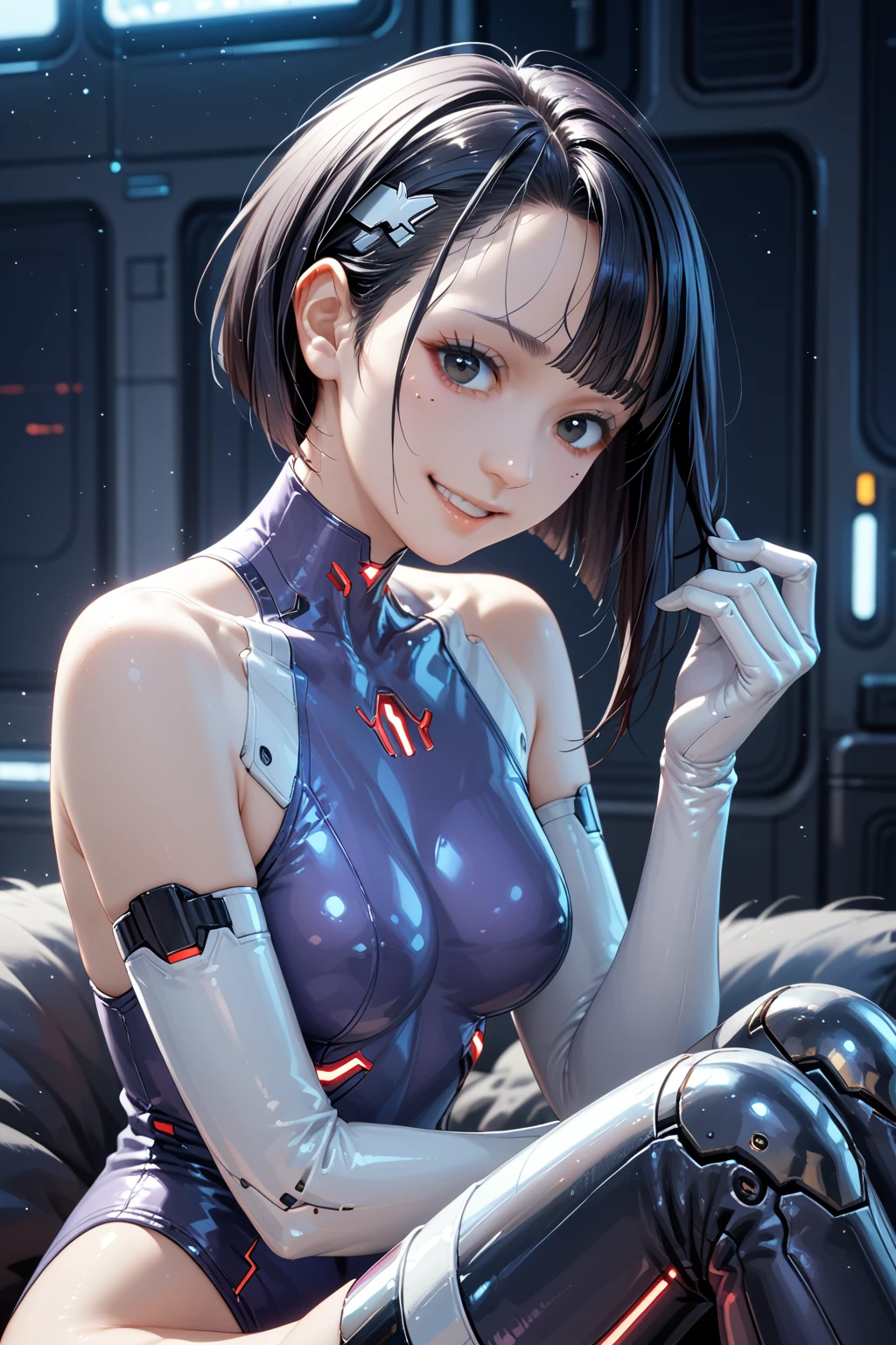 (masterpiece, highest quality, highest resolution, distinct_image, detailed details): (Solo, lone girl, face is Japan person, short cut, blue-haired girl, full body figure, (perfect body: 1.4), sparkly blue color eyes, pilot suit in white and blue color, tight fit clothes, clothes covering the whole body, very delicate and beautiful, detailed skin, slim body, exoskeleton, Gentle smile, heroine, headset, boots)