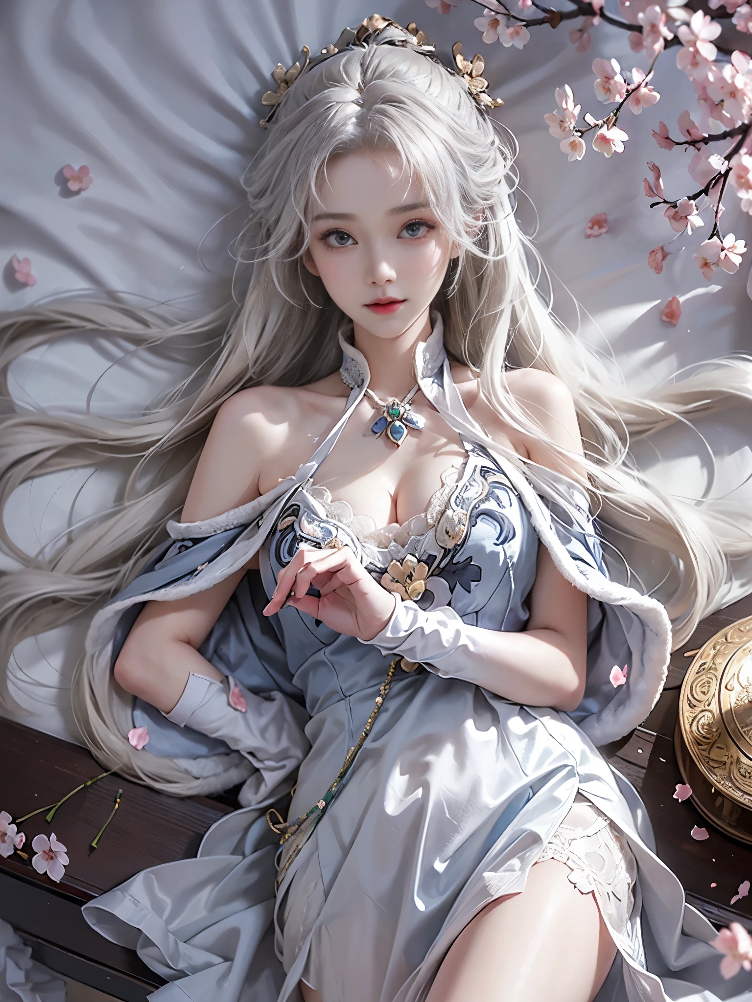 guqinghan,cangyugezhu,
chinese clothes, china theme, blue dress,white lace trimgloves, fur trim, side slit, cape, shawl, (photorealistic:1.4), (Full breasts, visible cleavage), (Big Breast), young woman lying on white bed, upper body slightly propped up on elbows at 15-degree angle, legs gracefully extended, natural relaxed pose, 8k ultra detailed,(floating cherry blossom petals:1.3), (The hemline is very short, revealing sexy long legs), scattered pink rose petals on bed, dynamic petals in mid-air, gentle breeze effect, soft motion blur on flying petals,confident relaxed expression, elegant smile, direct eye contact with camera, natural makeup,flowing long hair spread out on white bedding, silky smooth texture, delicate ornate hair accessories, (some hair strands interacting with floating petals:1.2),cozy modern bedroom, (soft warm lighting:1.2), vintage table lamp with amber glow, intimate atmosphere, flower petals catching warm light,shallow depth of field, professional photography, natural skin texture, soft shadows, diffused lighting, dreamy atmosphere
