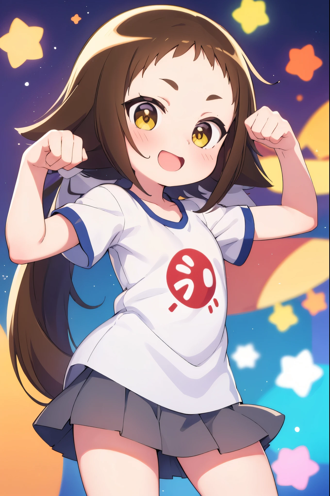 (((((**** face))))),(((((Mimine Mashiro))))),(((((paw pose))))),(((Star pattern background))),(((many spoken heart))),((( ponytail))),((( smaller))),((( embarrassing))),(((((blush))))),((( yellow eyes))),(((((ピンク色のT-Shirts))))),((((( Super Miniskirt ))))),(((((Short sleeve))))),(((((T-Shirts))))),((((( is short))))),((( white skin))), panties visible ,((((( s体型))))),(((((Thighs))))),((((( s))))),( chibi),( best quality),masterpiece, best quality, high definition , Very detailed,ultra  high definition ,One person, I feel the audience ,Detailed costume, skin texture, movie lighting, professional lighting ,((((( s))))), white panties,( flat chested),(a bit),cute,(((smile))),(((Brown Hair))), characters with open mouth ,fang