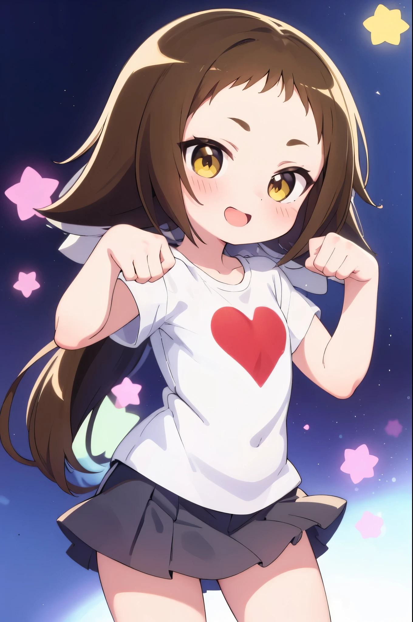 (((((**** face))))),(((((Mimine Mashiro))))),(((((paw pose))))),(((Star pattern background))),(((many spoken heart))),((( ponytail))),((( smaller))),((( embarrassing))),(((((blush))))),((( yellow eyes))),(((((ピンク色のT-Shirts))))),((((( Super Miniskirt ))))),(((((Short sleeve))))),(((((T-Shirts))))),((((( is short))))),((( white skin))), panties visible ,((((( s体型))))),(((((Thighs))))),((((( s))))),( chibi),( best quality),masterpiece, best quality, high definition , Very detailed,ultra  high definition ,One person, I feel the audience ,Detailed costume, skin texture, movie lighting, professional lighting ,((((( s))))), white panties,( flat chested),(a bit),cute,(((smile))),(((Brown Hair))), characters with open mouth ,fang