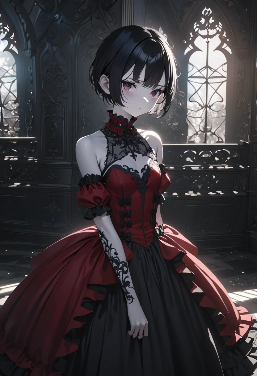 a girl, detailed face, irritated face, pale skin, small breasts, pixie haircut, black hair, 170cm tall, red gothic ****ta dress with black details, black pants, black heels, short front dress, photorealistic, highly detailed, cinematic lighting, 8k, masterpiece,