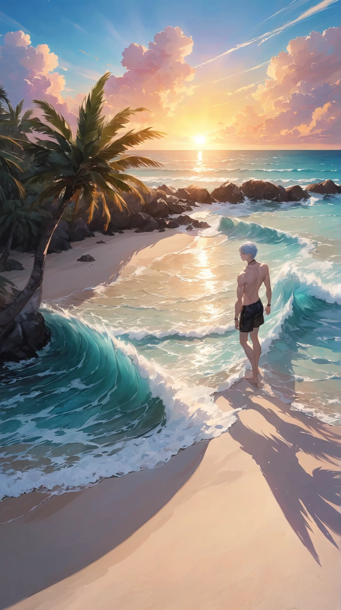  Ultra HD,1080P,4K, high resolution, male, unique ,  Handsome, Short hair,  light blue hair ,  white skin, textured fur ,  five fingers, Thin muscle,  naked body，(( shorts))，aldult,  anime style, Realism,  Light and Dark Contrast, maritime, barefoot, Neck Ring,beach, ( Palm Trees, sand,waves),Spread your legs,Tail, cloud,  sunshine, Palm Trees, Sunset