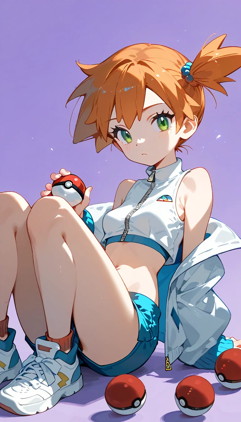 Character Misty_pokemon , Berry Short,Orange Hair, one side up hair ,Big green eyes,Small breasts ,Skinny .pokemon. White sleeveless crop top, Blue short , white jacket with blue detail on zipper and sleeves. Red and white sneakers. emotionally disconnected from her surroundings or the people around her. purple background, fading to black at the corners. emotional disconnection , melancholic, PokeBall, Accion , different expression 