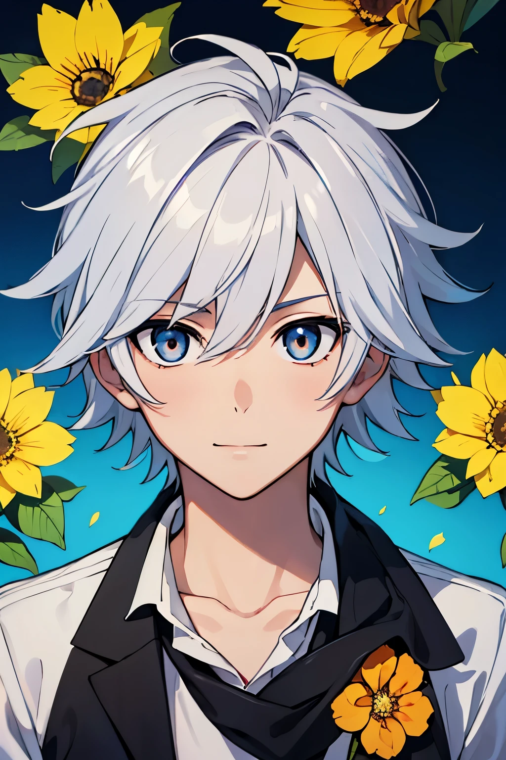 (high-quality, breathtaking),(expressive eyes, perfect face) 1boy, portrait, male, solo, teenager, white silver hair, golden highlights, symmetrical eyes, symmetrical ears, soft wavy hair, short hair length, cute smile, kind face, blue scarf, black t-shirt, white jacket, short sleeves, khroxas, orange trim, open jacket, sky blue background, plain blackground, petals, hair ornaments, flower ornaments, hair golden yellow flowers, narrow eyes, flower on shirt,
