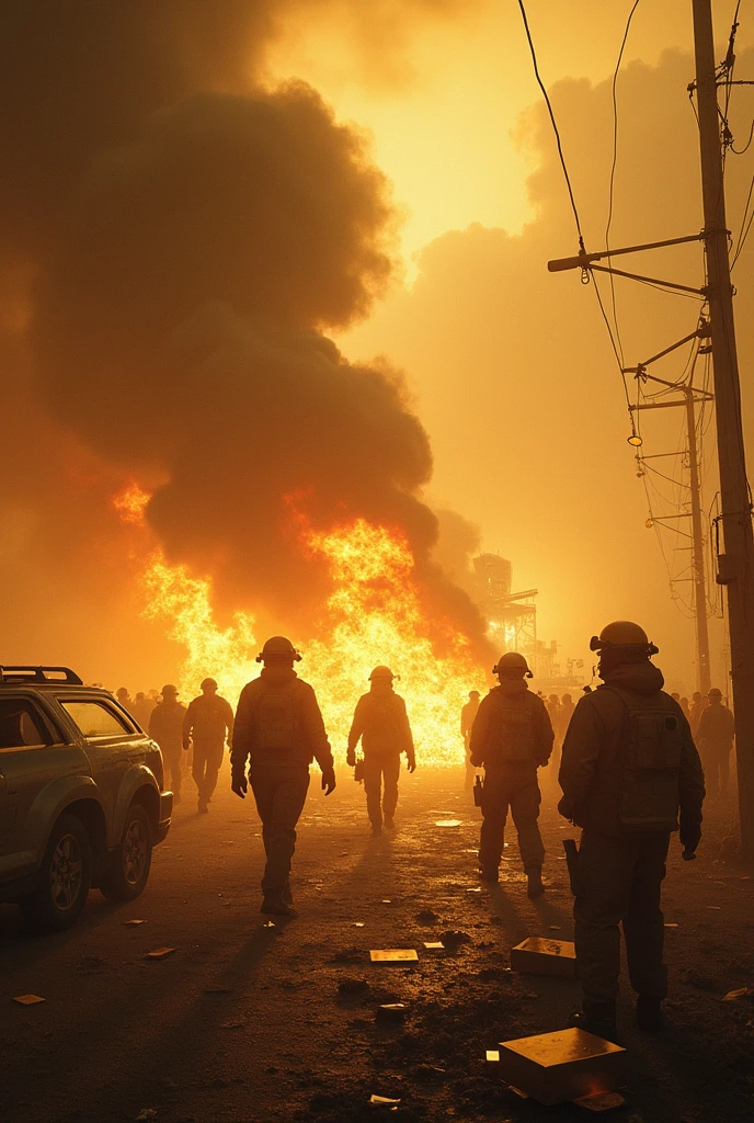 houses and businesses destroyed by fire, atmosphere of chaos, midtown Montreal, journalism photography, fire man , people , balck people, chaos.