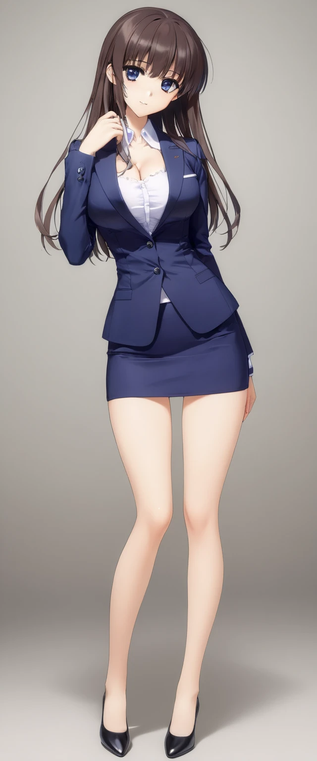 Megumi Kato,  1 girl, Alone, bangs,  brown hair, (((Female lawyer, ( formal suit micro mini skirt,   Micro Mini Pencil Skirt),  white shirt,   Navy Blue Jacket,Big Breasts、 cleavage、Thin legs、The white panties are visible from the hem of the skirt,The white panties are visible from the hem of the skirt))), perfect body for a lawn,  Anime Virtual YouTuber Full Body Model , Full body of a single character,  standing in a splendid posture , short!,  full body shot超詳細、 skinny, Alone, 1 female,   Masterpiece ,   best quality ,   best quality , 16k,  unbelievably ridiculous,  high definition, 2.5D, AI-generated, Delicate and dynamic,  Very delicate facial expression, Delicate eye depiction,  Erotic , only  sexy woman, ((A cute and kind face)), Healthy body shape, ((25-year-old woman)), Height: 170cm,  Moderately Firm Swaying Bust , sexy, (( Thin Thighs )),,  shiny,  Facing Viewers , smile, ((Oily_skin)), (((( full body shot、)))), (( Erotic  pose)),  fashion model posing with faded gray hair,   fashion model style DJ, (( beautiful eyes))