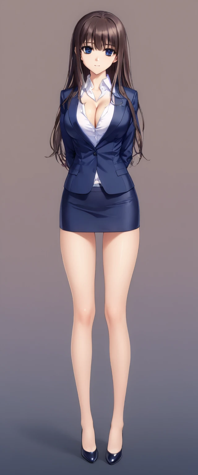 Megumi Kato,  1 girl, Alone, bangs,  brown hair, (((Female lawyer, ( formal suit micro mini skirt,   Micro Mini Pencil Skirt),  white shirt,   Navy Blue Jacket,Big Breasts、 cleavage、Thin legs、The white panties are visible from the hem of the skirt,The white panties are visible from the hem of the skirt))), perfect body for a lawn,  Anime Virtual YouTuber Full Body Model , Full body of a single character,  standing in a splendid posture , short!,  full body shot超詳細、 skinny, Alone, 1 female,   Masterpiece ,   best quality ,   best quality , 16k,  unbelievably ridiculous,  high definition, 2.5D, AI-generated, Delicate and dynamic,  Very delicate facial expression, Delicate eye depiction,  Erotic , only  sexy woman, ((A cute and kind face)), Healthy body shape, ((25-year-old woman)), Height: 170cm,  Moderately Firm Swaying Bust , sexy, (( Thin Thighs )),,  shiny,  Facing Viewers , smile, ((Oily_skin)), (((( full body shot、)))), (( Erotic  pose)),  fashion model posing with faded gray hair,   fashion model style DJ, (( beautiful eyes))