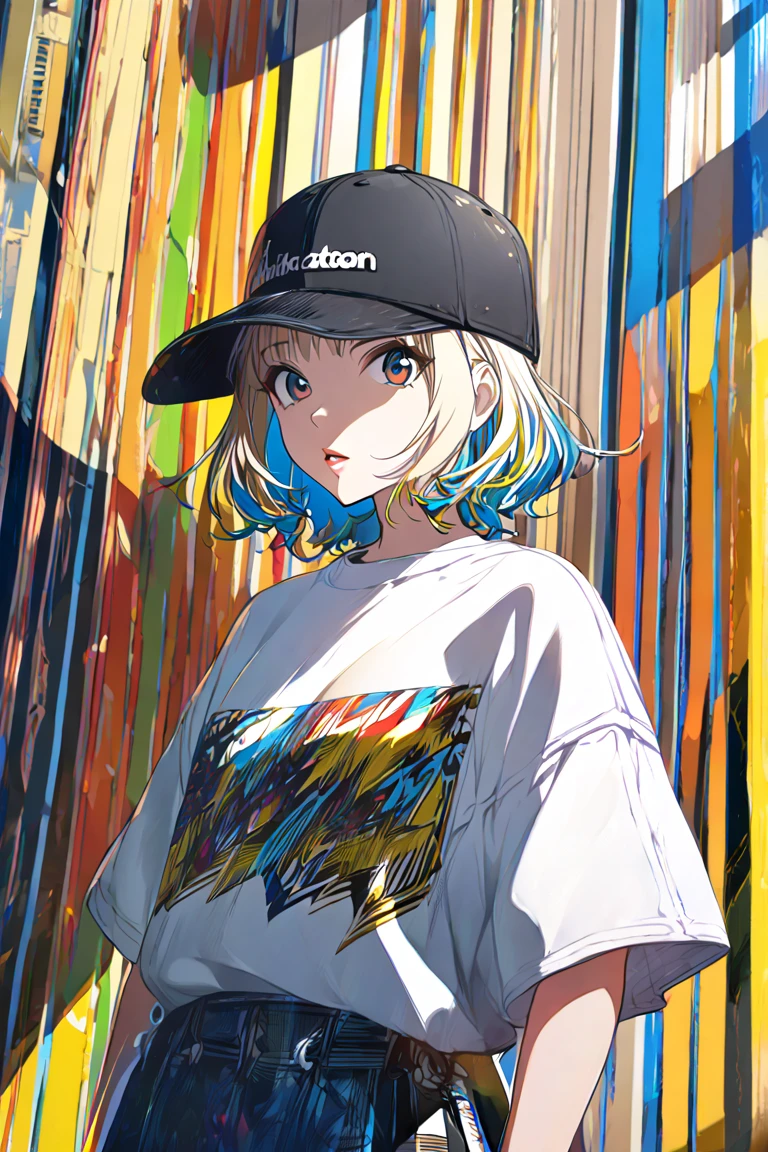 1girl, solo, hat, hands_in_pockets, multicolored_hair, shadow, parted_lips, bangs, standing, white_shirt, looking_at_viewer, shirt, black_headwear