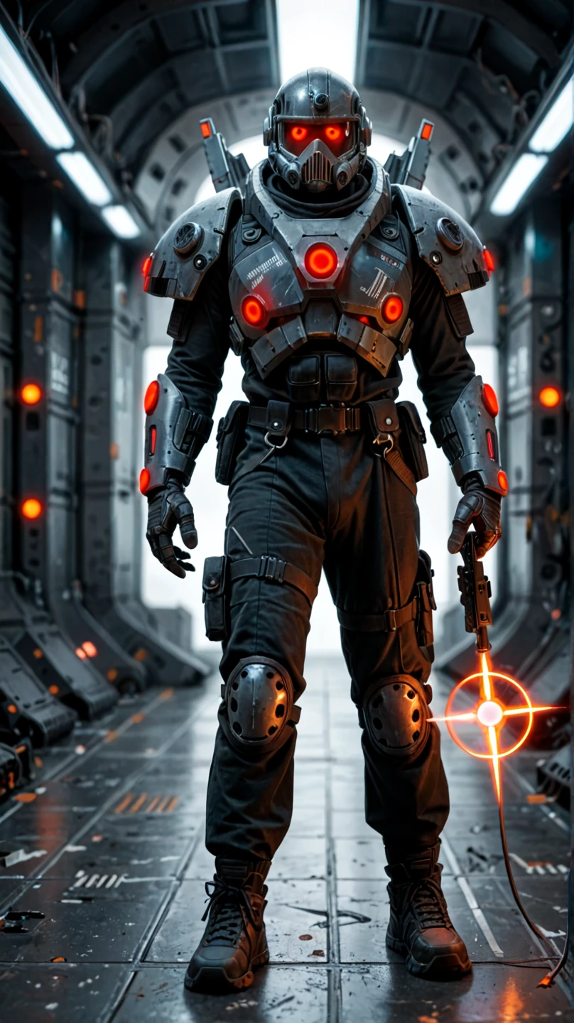 Full body. Futuristic warrior with a gloomy, high-tech design in the shape of a crow. He wears a fully covered raven-shaped helmet, which appears armored, with glowing red eyes that project an air of menace. Their armor is designed for combat, with a focus on durability and functionality. The most striking detail is a bright red energy orb he holds on his chest, which appears to be a power source or energy core. Crows around, futuristic hangar in the background.