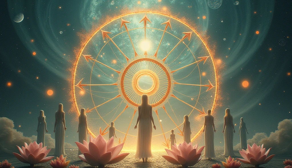 In a highly detailed 8K RAW photo of unparalleled quality, generate image of a human figure, showing the 7 chakras and their colors. Emphasize a futuristic atmosphere, conveying peace, love and healing, against a backdrop of a vibrant golden lotus field, each flower symbolizing purity and enlightenment. This is an ultra-realistic masterpiece, with its deep atmosphere of peace, invites deep reflection and spiritual connection.