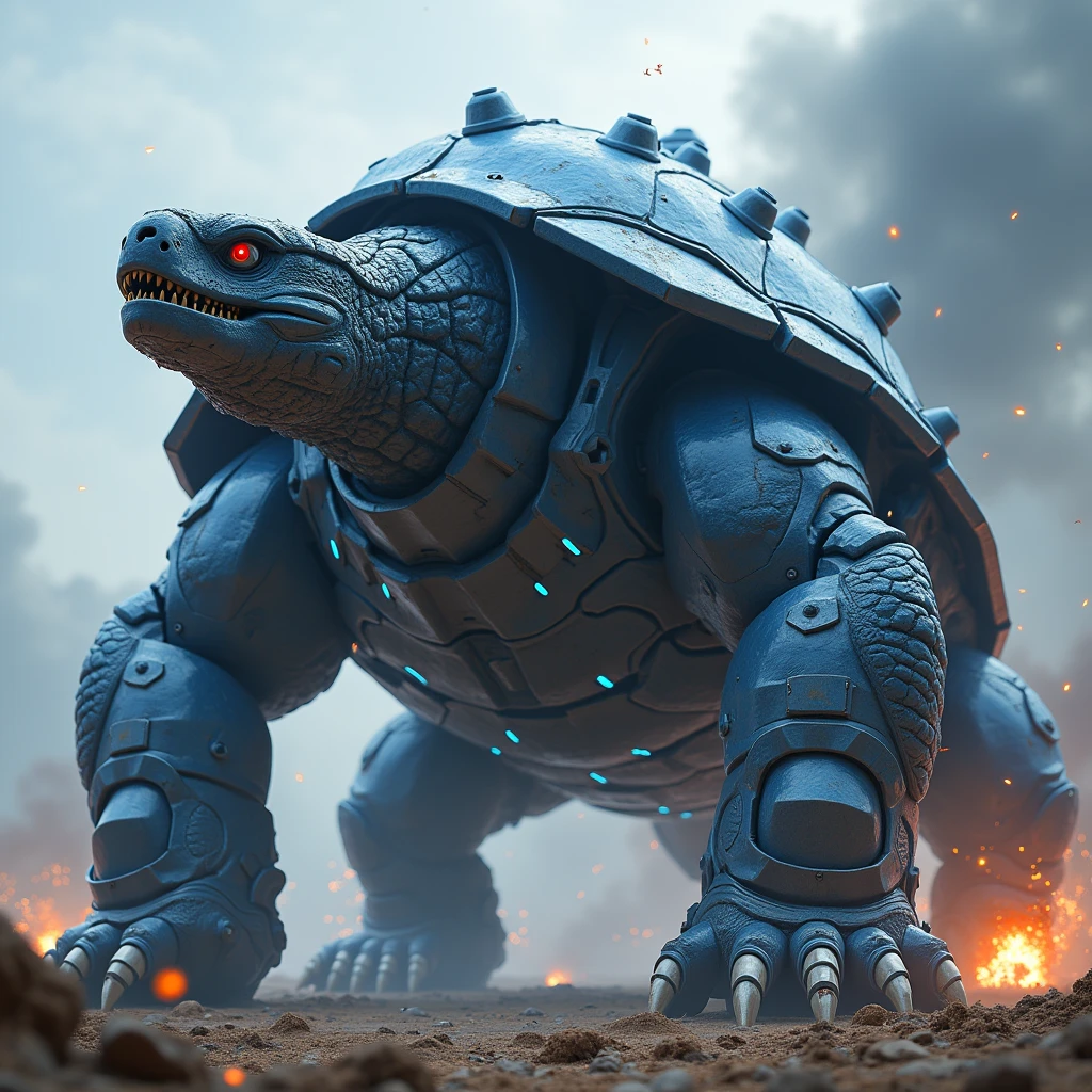  A giant reptilian-like creature inspired by a turtle ,  with an enormous shell and impressive mechanical details .  The creature has a massive shell with shades of steel blue ,  dark gray and silver touches ,  decorated with giant cannons that emerge from its surface .  These cannons are extremely complex ,  with a futuristic design ,  bright blue luminous lines ,  and mechanical details such as exposed pipes and gears .  The main barrel ,  located in the center of its shell , it is monumental ,  almost the size of the creature itself ,  surrounded by multiple guns smaller ones arranged in a circle .

 Its limbs are sturdy ,  with sharp claws and a muscular appearance ,  adapted to support the weight of its impressive artillery .  The skin is deep blue ,  with marked textures that reflect its resistance and power .  Su The face has a fierce and decisive expression ,  with glowing red or yellow eyes that emit an intimidating glow .  The mouth is half open ,  showing sharp fangs and an internal flash that hints at immense energy .

Around you,  The environment is charged with energy . There is smoke ,  flashes of light and a feeling of intense heat .  Some small explosions can be seen in the background ,  as if the creature were in combat .  Its silhouette is surrounded by a mist of vapor and energetic particles that shine in shades of blue and white.

 The overall design mixes biological and mechanical elements ,  highlighting its power majestic and its majesty .  It is clearly an imposing creature ,  designed to be a living war machine on an epic scale .(Perfect image)(epic image)(4k image)( many special effects )( wallpaper )(video game)(action scene ).