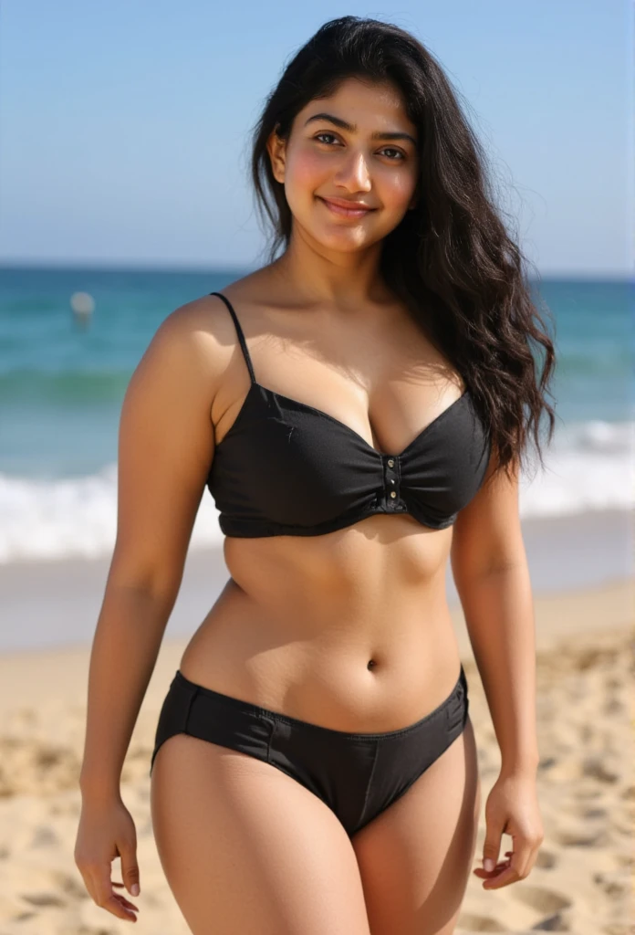 1  Indian  XXL plus size adult female, long hair, curly hair, black hair color, coloured clothes,body is full size,smooth skin, brown eyes, To smile, vegetation, hour々, business woman style clothes, random , realist, With Sun rise and sky background, 8k super realist, super detalhado e realist、front   sexy look, big mountain on  small underwear , brest size bold loose and big 