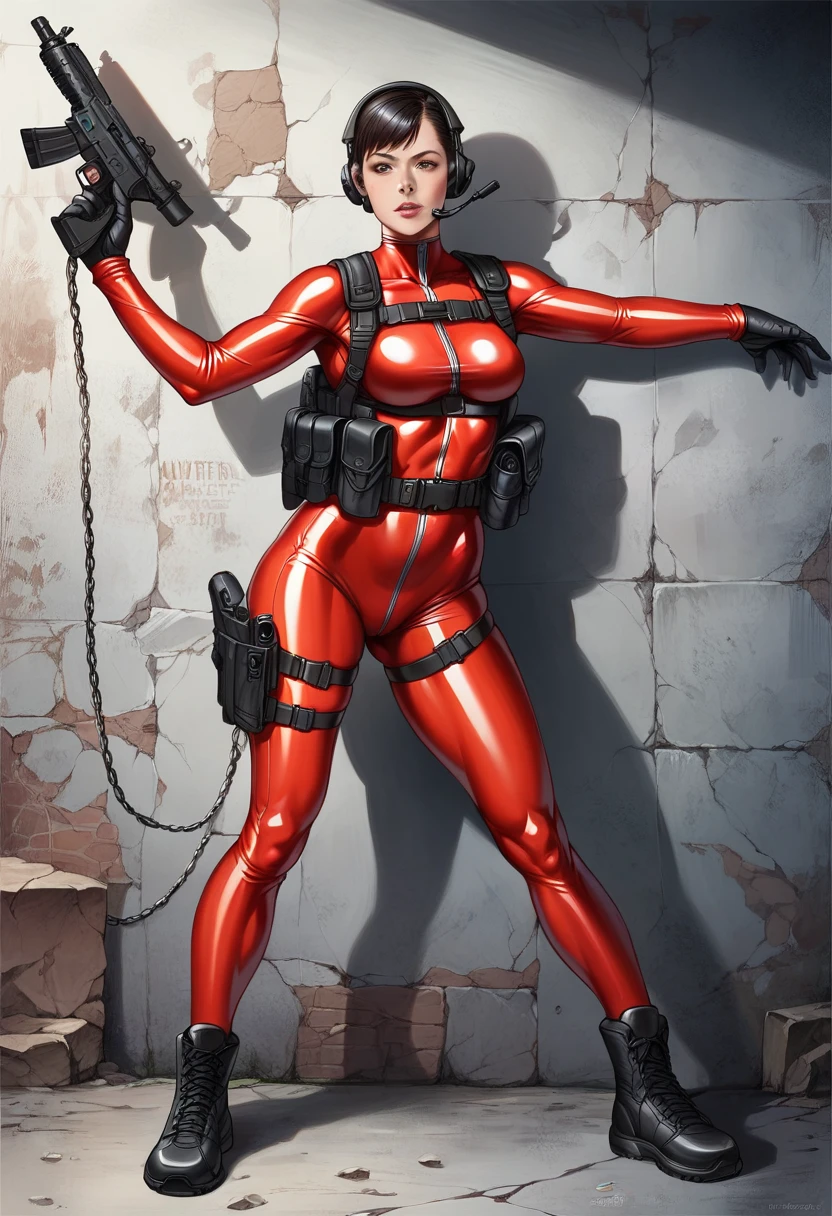 (plain background, 8k, best quality, masterpiece, realistic, photo-realistic:1.37) (full body height standing straight symmetrical contrapposto) (looking at viewer) 2legs apart (wide stance) ultra detailed, 1solo cute girl (beautiful detailed eyes) (smile:1.2) (closed mouth) view from below depth of field, good composition, bob hair, perfect knockers, suspenders, toned body, athletic, wide hips, thin waist, toned arms, exposed abdomen, abs toned, navel, big belly button belt ((red cheeks, red eyes, red tank top, red thong, red gloves gauntlets, red stockings thighs)) (Kei Kishimoto)