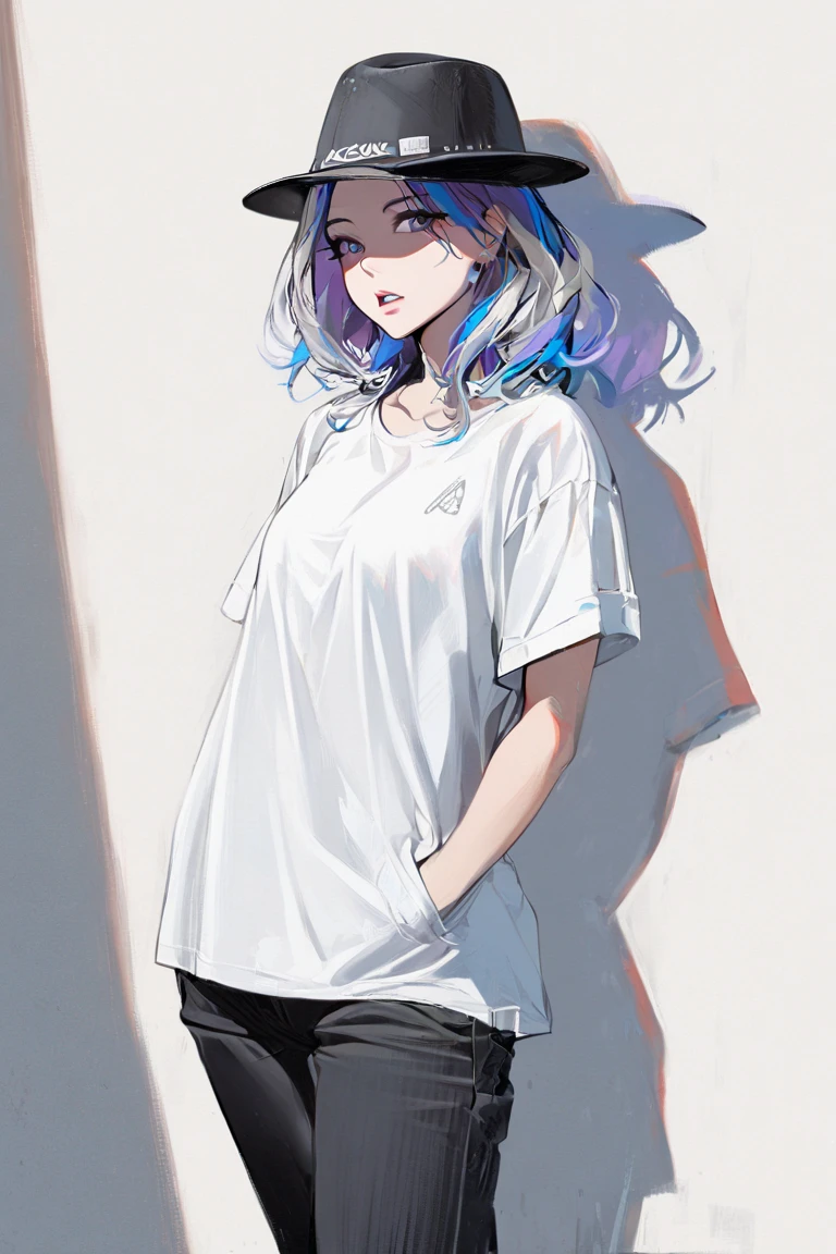 1girl, solo, hat, hands_in_pockets, multicolored_hair, shadow, parted_lips, bangs, standing, white_shirt, looking_at_viewer, shirt, black_headwear